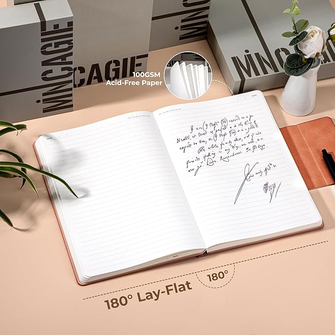 MINICAGIE Lined Leather Journals for Writing A5 Journaling Notebooks with 100 GSM Thick Paper Journal Notebook for Men & Women with Buckle Closure, Work Travel Note Taking Diary, 5.7" x 8.3", Pink