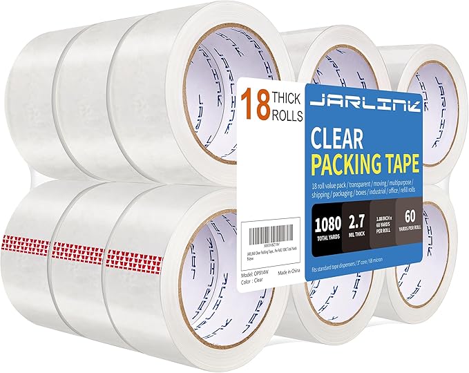 JARLINK Clear Packing Tape (18 Rolls), Heavy Duty Packaging Tape for Shipping Packaging Moving Sealing, 2.7mil Thick, 1.88 inches Wide, 60 Yards Per Roll, 1080 Total Yards