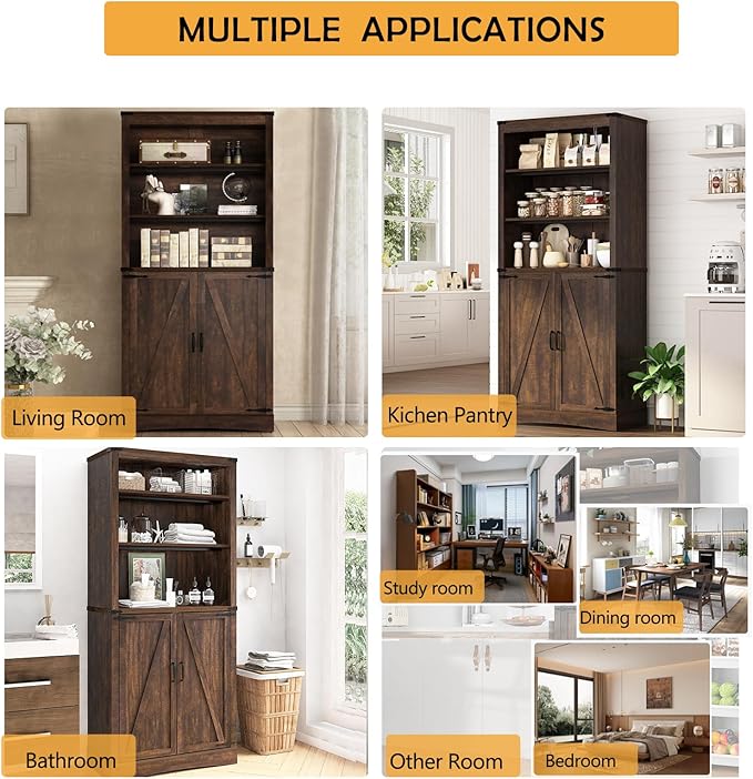 71in Farmhouse Kitchen Pantry Cabinet,Tall Storage Cabinet with 2 Doors and Adjustable shelves,with Load-Bearing Steel Pipe,Wood Storage Cabinets for Kitchen,Dining Room,Bathroom(Brown)