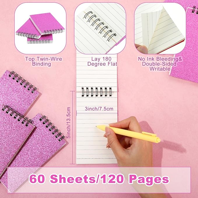 Tenceur 6 Pcs Pocket Notebook Bulk Small 3x5 Inch Spiral Notepads Mini Top Bound Notebook with Lined 120 Pages Ruled Memo Pads for Office College Nurse Essentials Back to School Gift (Glitter Pink)