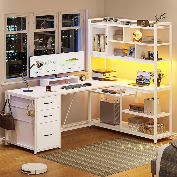 SEDETA L Shaped Computer Desk, 58'' Office Desk with 3 Drawers and Bookshelf, L Shaped Corner Desk with Storage Shelves and LED Light for Home Office, Gaming Desk, L Desk, White