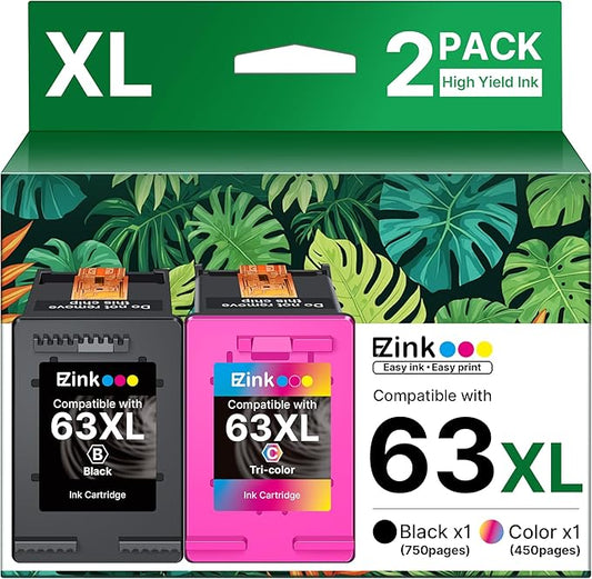 63XL Ink Cartridges Black and Color Remanufactured Replacement for HP Ink 63 for HP 63XL Ink Cartridges Combo Pack Work for HP Officejet 4650 3830 3833 5255 5258 Envy 4520 Deskjet 1112 3637 (2 Pack)