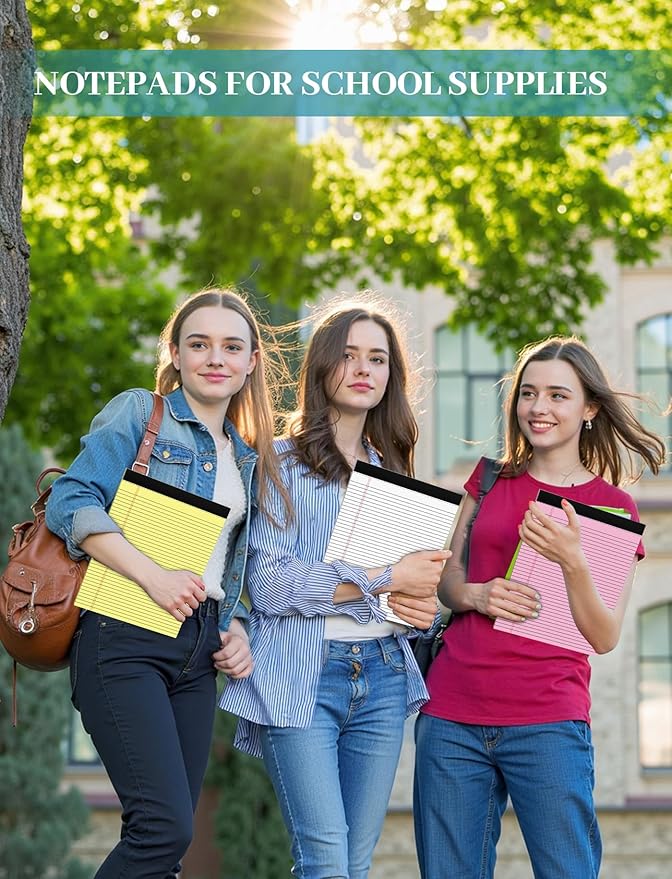 Colored Legal Pads, Yellow Legal Pads 8.5 x 11, 48 Pack Note Pads 8.5 x 11 Wide Ruled, Notepads 8.5 x 11 with Sturdy Back, Perforated Writing Paper Pads, Colored Lined Pads for Office, School, Home