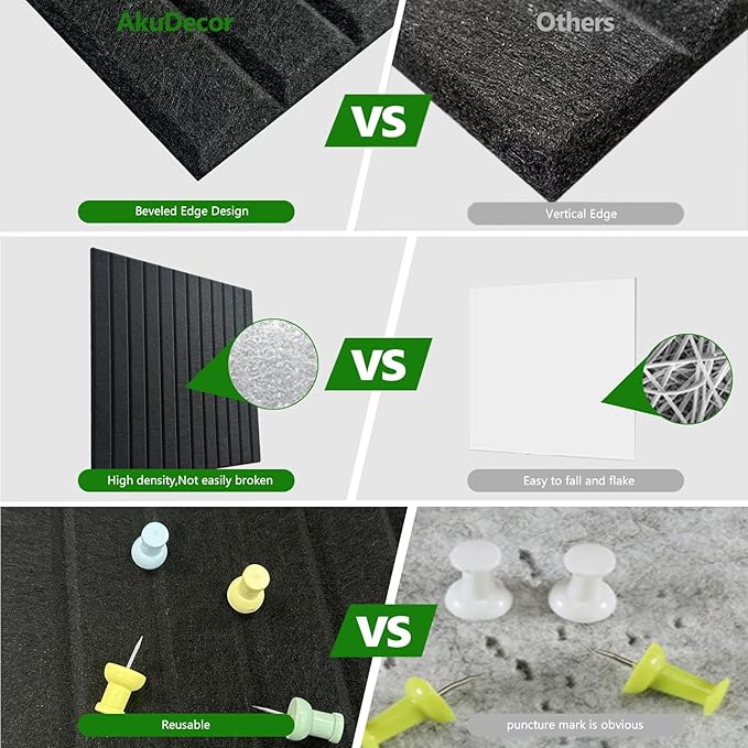 Large Cork Board for Office, 8 Pack Felt Wall Tiles with Slat Wall Paneling, Felt Bulletin Board Pin Board Cork Boards for Walls - Black