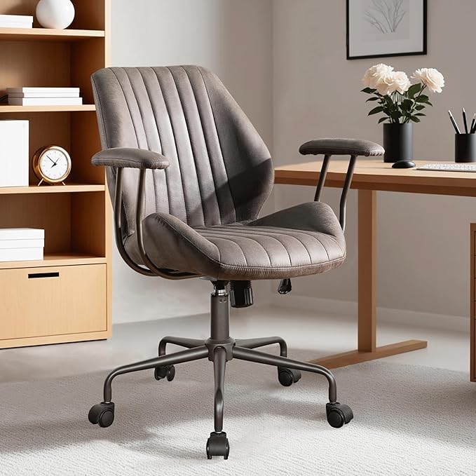 ovios Ergonomic Home Office Chair, Mid-Century Modern Faux Leather Chairs with Padded Armrests, Comfy Mid Back Swivel Rolling Executive Computer Armchair (Dark Grey, Suede Leather)