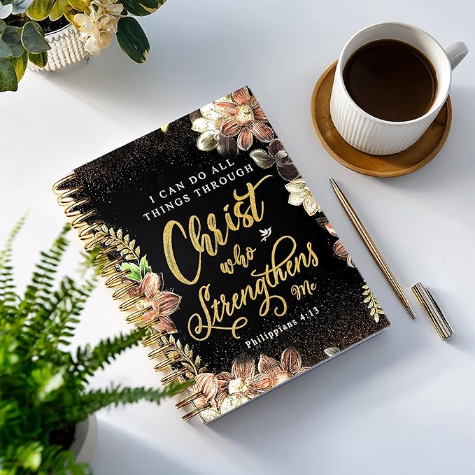 Bible Notebook, A5 Spiral Christian Journal with Floral Notebook, Bible Verse-I Can Do All Things Through Christ Who Strengthens Me, Inspirational Notebooks for Women, Gift for Birthday Christmas