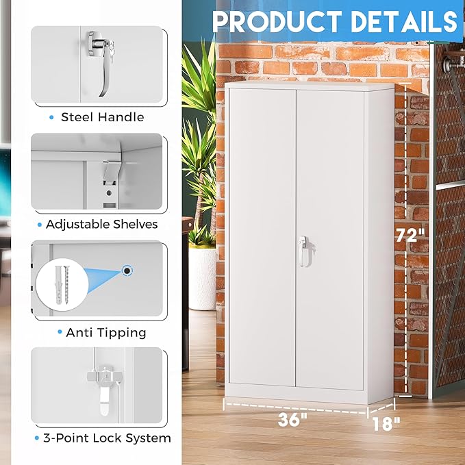 Greenvelly White Metal Storage Cabinets 72” Garage Steel Storage Cabinet with Doors and Shelves, Metal File Organization for Home Office, Basement, Warehouse, Classroom（Anti Ttipping）