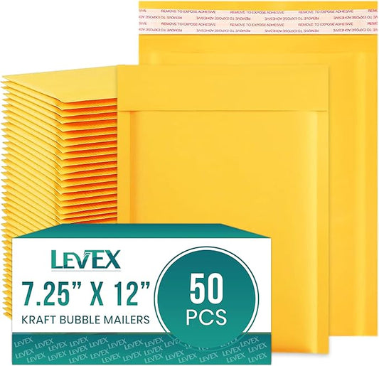 Levex - #1 7.25" x 12 [50 Pack) Kraft Bubble Mailers, Padded Envelope Mailers, Packing Envelope & Mailing Bags for Shipping