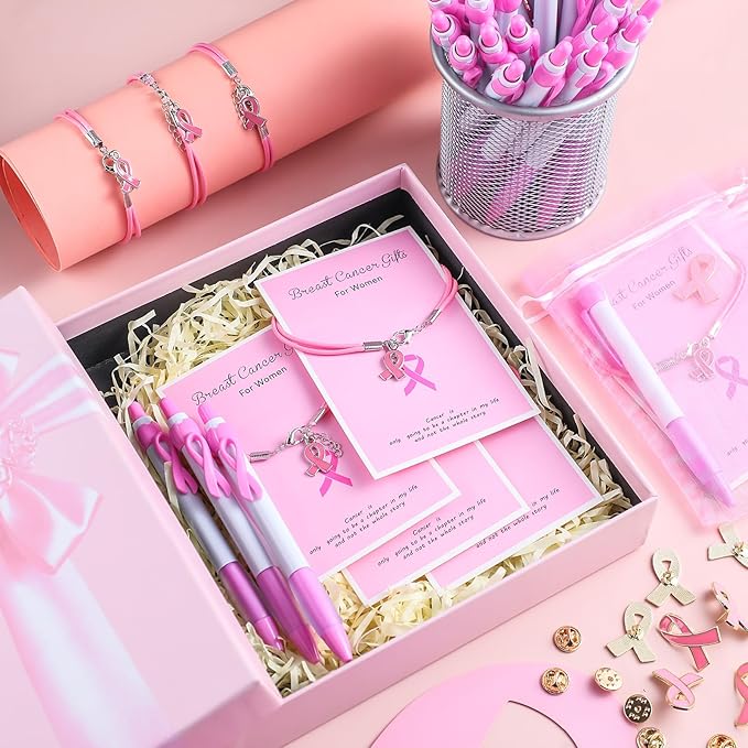 192 pcs Breast Cancer Awareness Items Bulk Pink Cancer Patients Survivor Gifts Include Pink Ribbon Pens Pins Bracelets Organza Bags Cancer Survivor Campaign Supplies for Theme Charity Event
