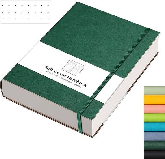 AHGXG Bullet Dotted Journal - 320 Pages Dot Grid Notebook B5 Large Journal, 100gsm Thick Dotted Paper, Leather Softcover, with Journal Stencils, Inner Pocket, 7.6'' X 10'' - Green