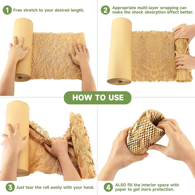 Honeycomb Packing Paper Wrap 15''x328', Substitute Alternative for Bubble Cushioning Wrap for Moving Shipping Packaging, Recyclable Moving Supplies with 48 Fragile Sticker Labels