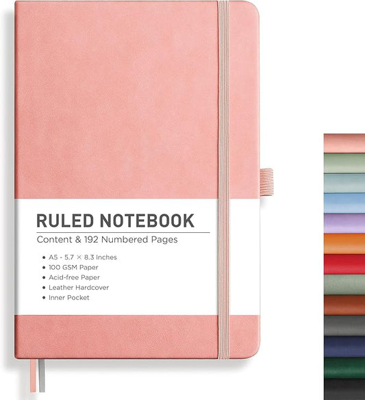 RETTACY Lined Journal Notebook, 192 Numbered Pages, A5 Medium Size (5.7'' x 8.3''), for Men & Women, Journaling, Writing, Work & Office, Leather Hardcover, 100 GSM Thick Paper (Pink)