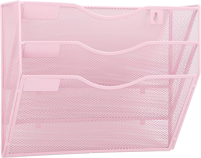 EASEPRES 3 Pocket Mesh Hanging Wall File Organizer, Wall Mounted Mail Paper Document Folder Holder, Clipboard Storage Organization Magazine Rack with Nametag Label for Office Home School, Pink