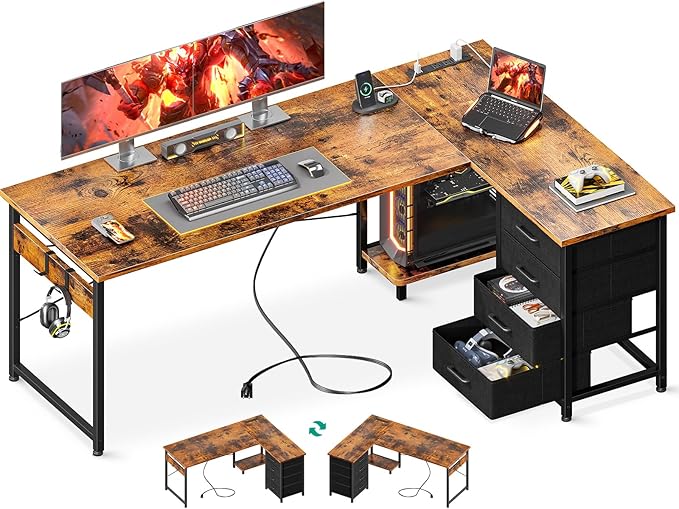 Casaottima L Shaped Desk with 4 Tier Drawers, 61" Gaming Desk with Power Outlets & USB, Reversible L-Shaped Computer Desk with CPU Stand, Home Office Corner Desk with Storage, Easy Assemble, Vintage