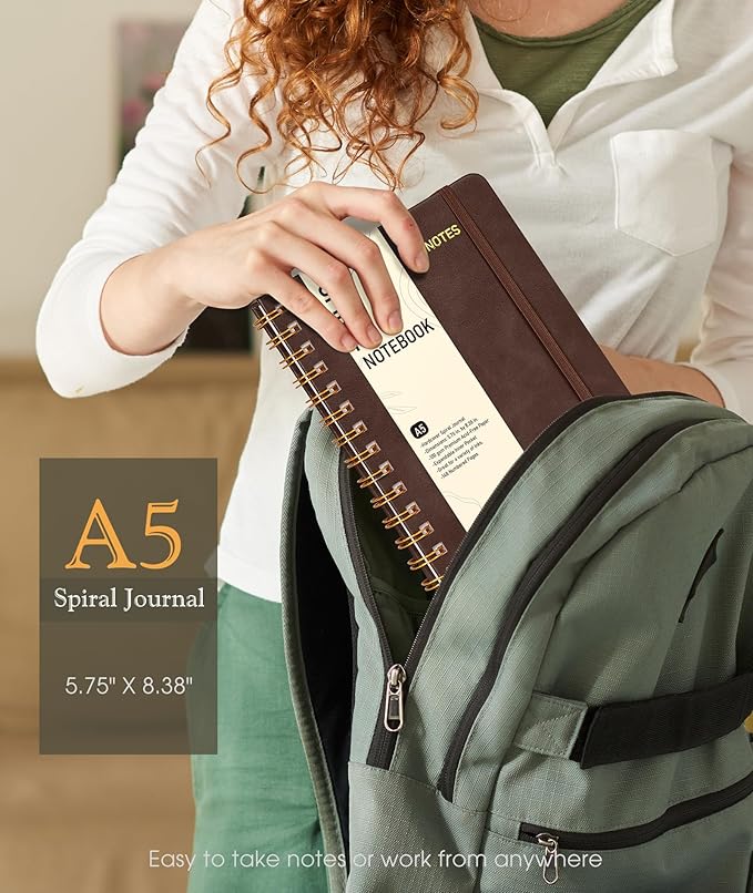 Dotted Spiral Journal Notebook, A5 Hardcover Spiral Journals for Women Men, 100 GSM Dot Grid Paper Notebooks, 150 Pages Spiral Bullet Dotted Notebook for Writing Note Taking 5.75" x 8.38", Dark Brown