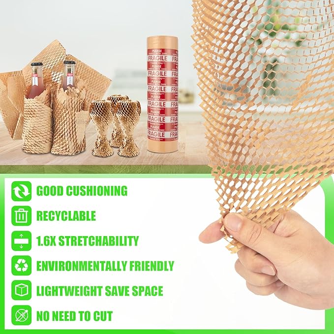 Honeycomb Packing Paper, MINHAO 15"x500' Eco Friendly Packing Paper for Moving Recyclable Honeycomb Paper Moving Supplies Bubble Paper Wrapping Protective Roll, With 36 Fragile Sticker Labels