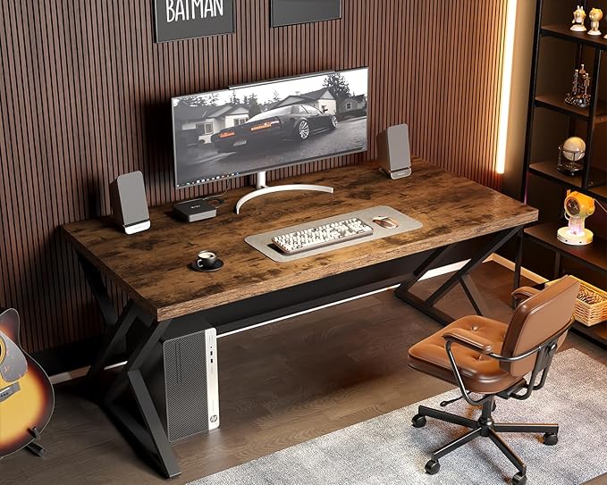 LVB Rustic Computer Desk, Metal Wood Home Office Desk, Industrial Simple Study Executive Desk for Writing Work, Wooden Student Gaming Computer PC Table with Storage for Bedroom, 55 Inch, Rustic Brown