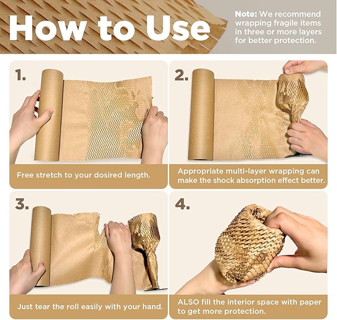 Honeycomb Packing Paper, 12"x150' Brown | Perforated Honeycomb Packing Paper Recyclable Moving Supplies for Shipping & Moving | Plastic-Free Alternative to Bubble Cushion Wrap with 36 Fragile Stickers