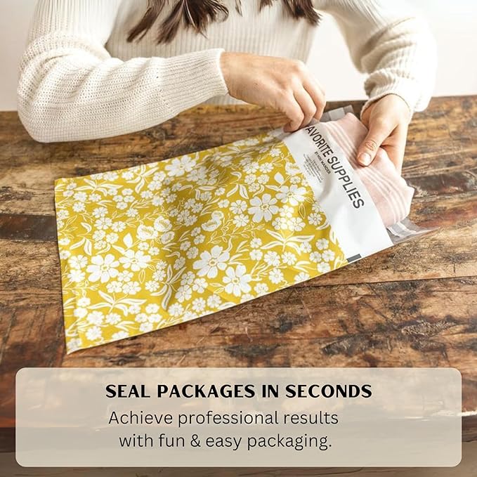 Poly Mailers 10x13 Inch 50 Pack Medium Shipping Bags Strong Thick Mailing Envelopes | Self Sealing Adhesive | Waterproof & Tear Proof | Small Business Packaging for Clothing - Floral Mustard Yellow