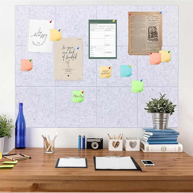 Large Cork Board Alternative, 12 Pack Felt Board with Safe Removable Adhesive Tabs Felt Wall Tiles, Large Cork Boards for Walls, Cork Board for Home Office, Pin Boards for Walls, Marble White