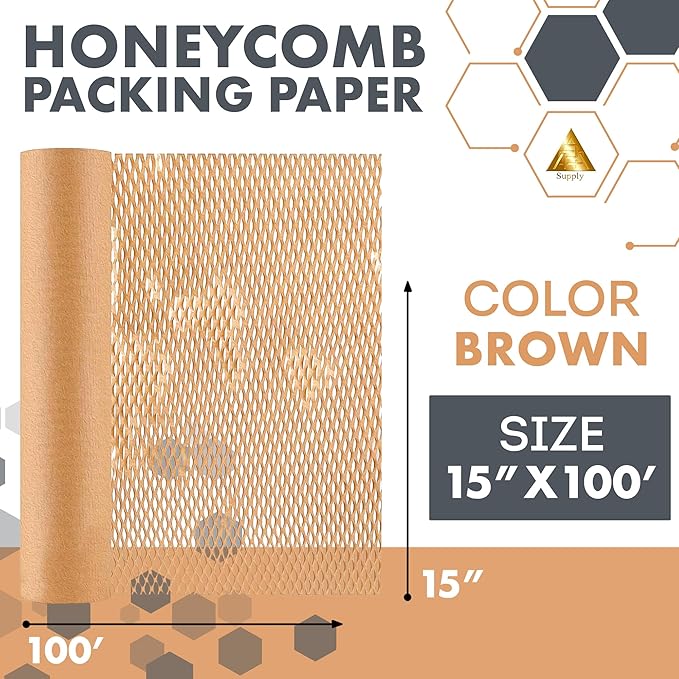 Brown Honeycomb Packing Paper for Moving Breakables, 15 Inch x 100 Feet. Fragile Shipping Supplies. Perforated Packing Materials for Fragile Items. Moving Paper Wrap. Eco Friendly Packaging