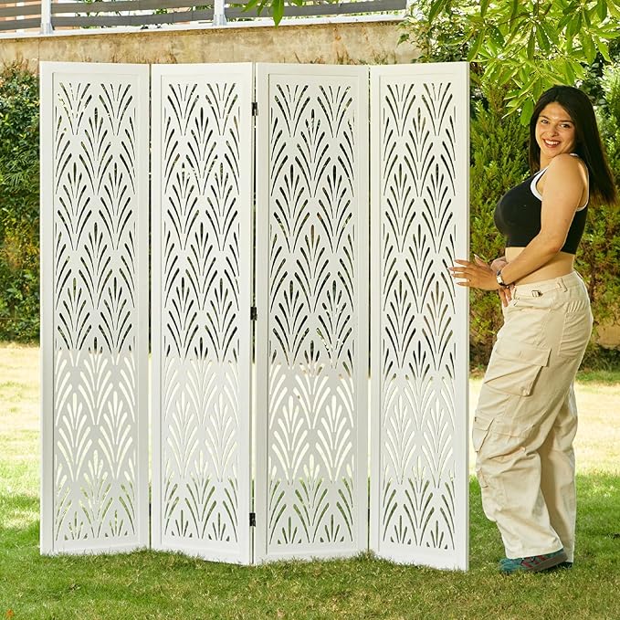 5.6Ft Room Divider Folding Wood Simple Carved Partition Screen for Home Office Garden - 4 Panels (White)