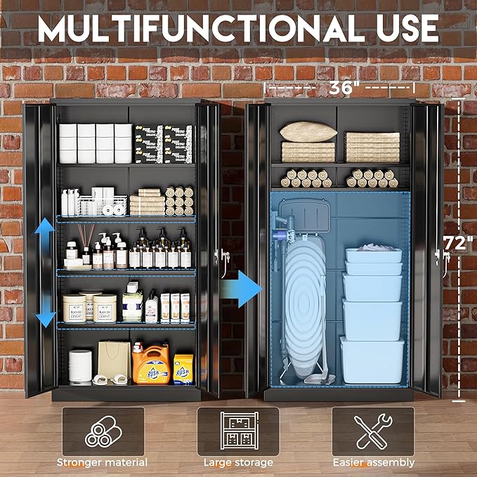 Greenvelly Metal Storage Cabinets 72” Black Garage Steel Storage Cabinet with Doors and Shelves, Metal Tool Cabinet, Steel File Cabinet for Home Office, Basement, Warehouse, Classroom（Anti Tipping）
