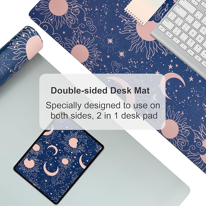 Colorful Star Starry Sky Large Desk Pad, Celestial Moon and Sun Extended Gaming Mouse Pad Non-Slip Desk Mat, Leather Blue Keyboard Mat for Desktop Gaming Accessories 31.5"x15.7"