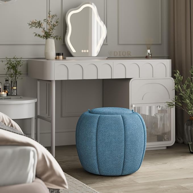 Storage Ottoman, Round Ottoman with Storage, Upholstered Soft Vanity Stool for Living Room, Foot Stool Ottoman for Bedroom, Entryway (Navy Blue)