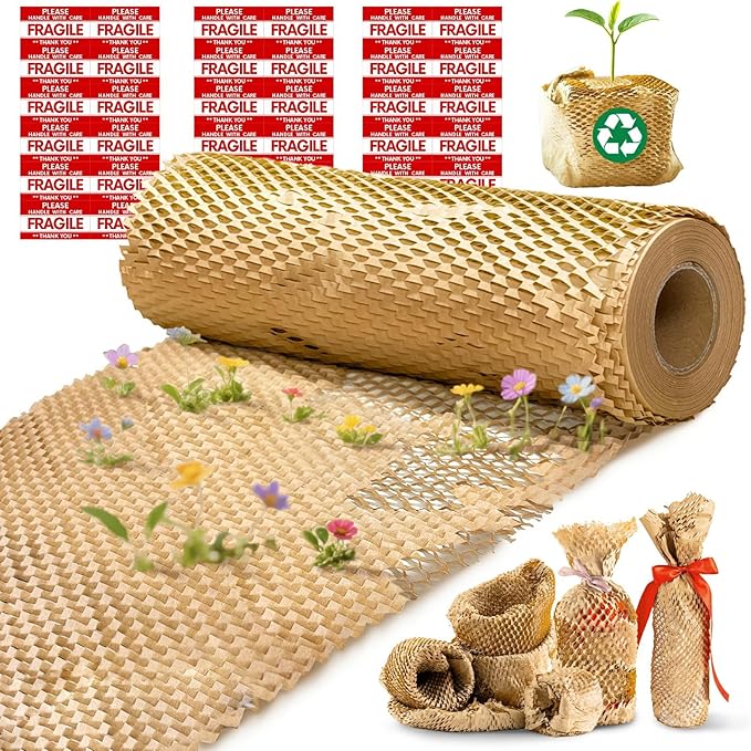 Honeycomb Packing Paper, 12"x50' Brown | Perforated Honeycomb Packing Paper Recyclable Moving Supplies for Shipping & Moving | Plastic-Free Alternative to Bubble Cushion Wrap with 36 Fragile Stickers