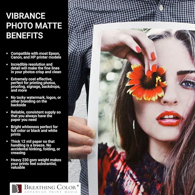 Vibrance Matte Photo Printer Paper 12 mil 230 gsm Matte Finish Premium Photo Paper Roll on 3in Core 12 inches x 100 ft Works with Most Inkjet Printer Professional Makes and Models Like Epson Canon HP
