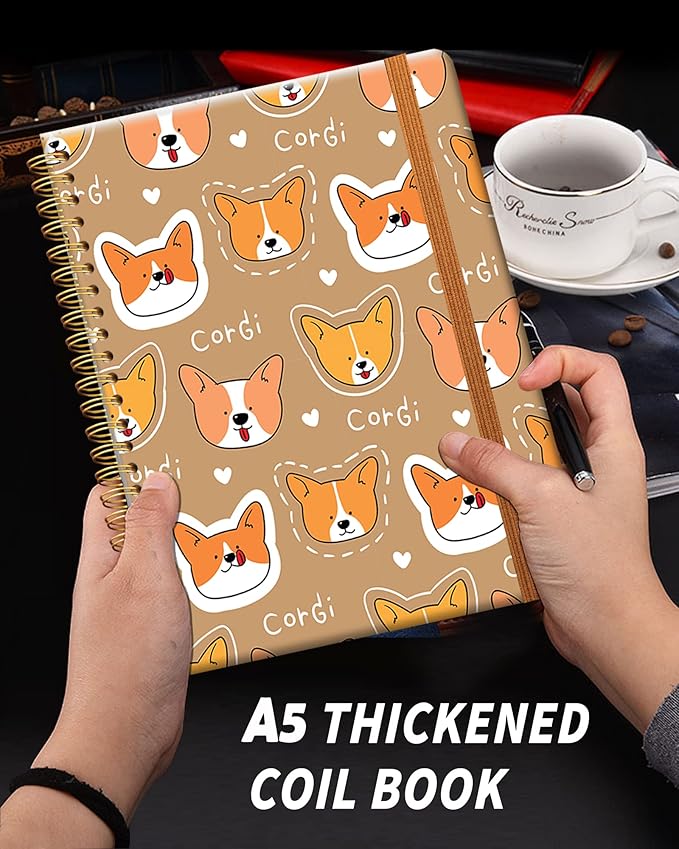 Ruled Spiral Writing Notebook,A5 Hardcover Lined College Journal for Women Lady Girl,Cute Strong Twin-Wire Binding with Premium Paper,8.4" X 6",Perfect for School,Office,Home Gifts(Cartoon Corgi Dog)