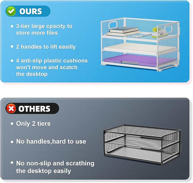 Marbrasse 3 Tier Paper Organizer Letter Tray, Mesh File Organizer with Handle, Paper Sorter Desk Organizer for Home Office Supplies - 2p Pink