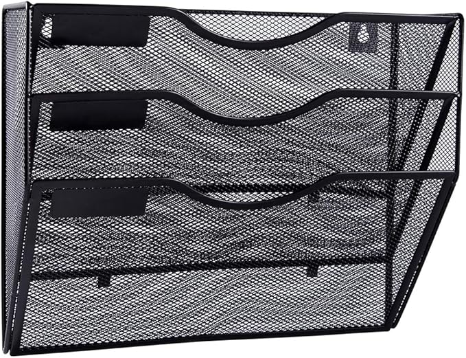 EASEPRES 3 Pocket Mesh Hanging Wall File Organizer, Wall Mounted Mail Paper Document Folder Holder, Clipboard Storage Organization Magazine Rack with Nametag Label for Office Home School, Black