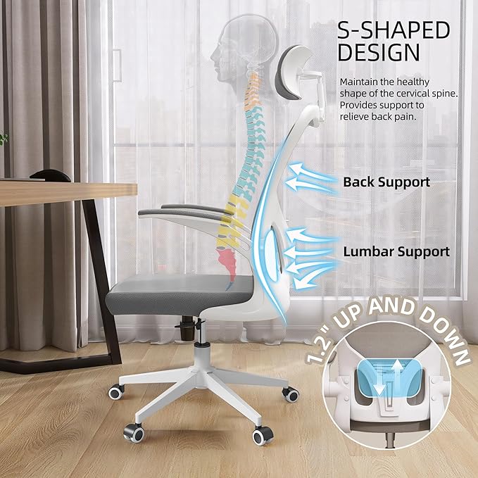 Ergonomic Office Chair, High-Back Mesh Computer Desk Chair with Adjustable Height, Lumbar Support, Flip-Up Armrests,headrest，and Swivel Rolling Design for Home and Office Use