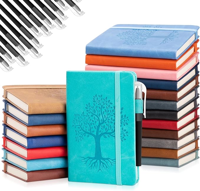 Estune Tree Small Notebooks Pen Leather Lined Pocket Subject Notebooks Hardcover Pocket Notepad Cute Ruled Leather Journals with Pen Holder for Men Women School Business, A6(Classic Color,20 Set)