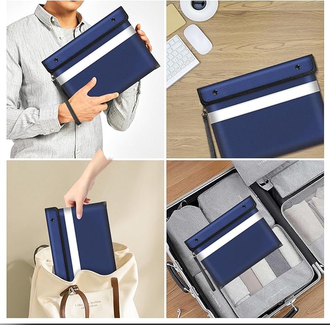 Fireproof Money Bag for Cash 11"x7.7",Upgraded 5200℉ Insulated Water Fire Proof Pouch with Water-resistant Zipper,Fireproof Envelopes for Important Documents,Valuables (Blue)