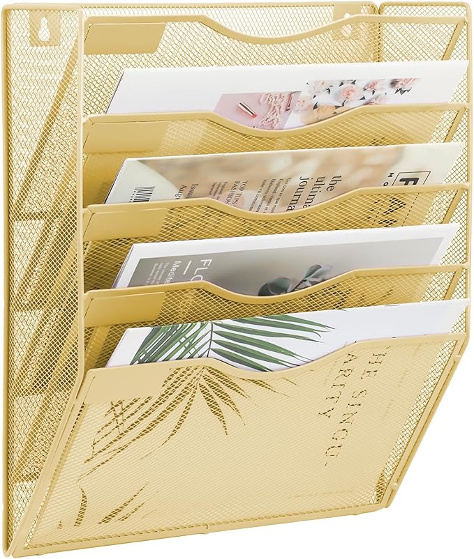 EASEPRES 5 Pocket Mesh Hanging Wall File Organizer, Wall Mounted Mail Paper Document Folder Holder, Clipboard Storage Organization Magazine Rack with Nametag Label for Office Home School, Gold