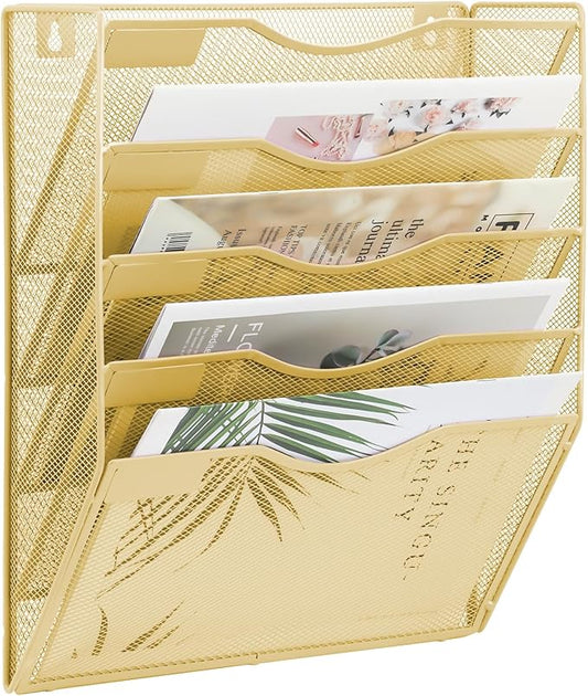 EASEPRES 5 Pocket Mesh Hanging Wall File Organizer, Wall Mounted Mail Paper Document Folder Holder, Clipboard Storage Organization Magazine Rack with Nametag Label for Office Home School, Gold