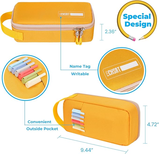 ECHSRT Big Pencil Case, Aesthetic Portable Zipper Pencil Bag with Hidden Pocket, Special Pouch for Men Women Adults, Stationery Organizer Pen Cases for Office Travel, Yellow