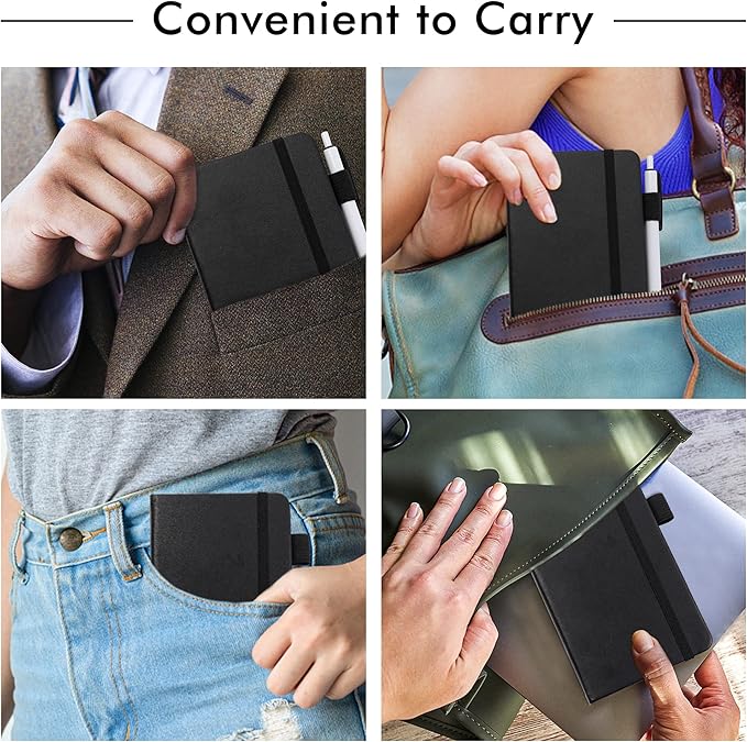 feela 6 Pack Pocket Mini Notebooks Bulk, Small Cute Memo Notepads Hardcover College Ruled Lined Journals with Pen Holder for School Business Work, with 6 Black Pens, 3.5”x 5.5”, A6, Black