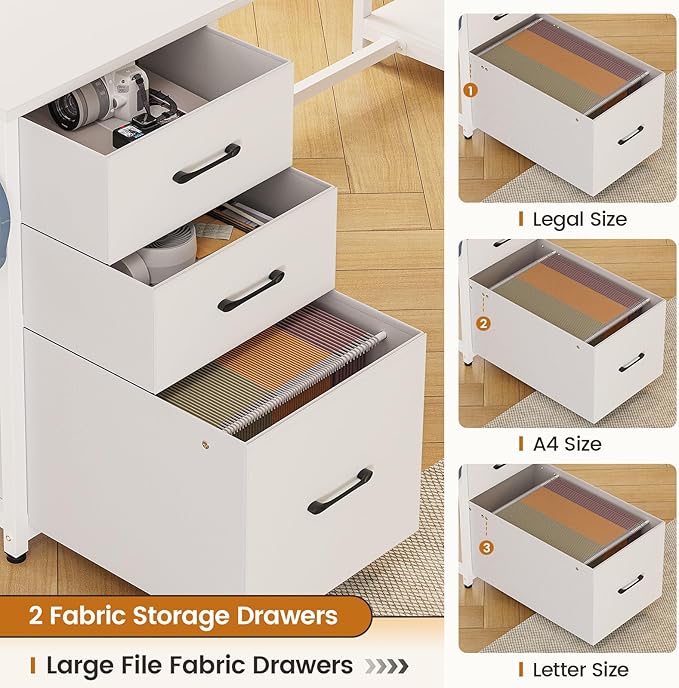 SEDETA L Shaped Computer Desk, 58'' Office Desk with 3 Drawers and Bookshelf, L Shaped Corner Desk with Storage Shelves and LED Light for Home Office, Gaming Desk, L Desk, White