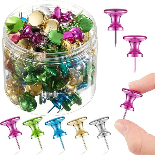Outus 100 Pcs Giant Push Pins Large Thumb Tacks Plastic Heads 1 Inch Jumbo Push Pins for Cork Board Map Posters Office School(Purplish Red, Gold, Blue, Green, Silver)