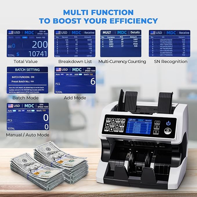 MUNBYN IMC01 Bank Grade Money Counter Machine Mixed Denomination, 2CIS/UV/IR/MG/MT Counterfeit Detection, Serial Number, MUL Currency Cash Counter, Printer Compatible Bill Value Counter (White)