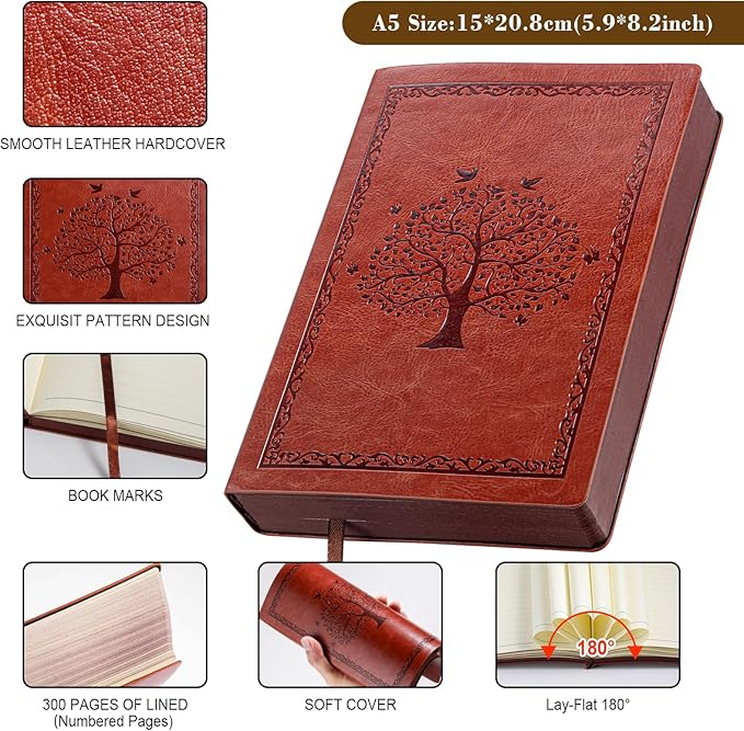 Leather Journal Notebook,300 Pages Hope Tree Softcover Lined Notebook for Women Men,300 Travel,Business,Work,Office,School Note Taking,5.7'' X 8.3''(brown)