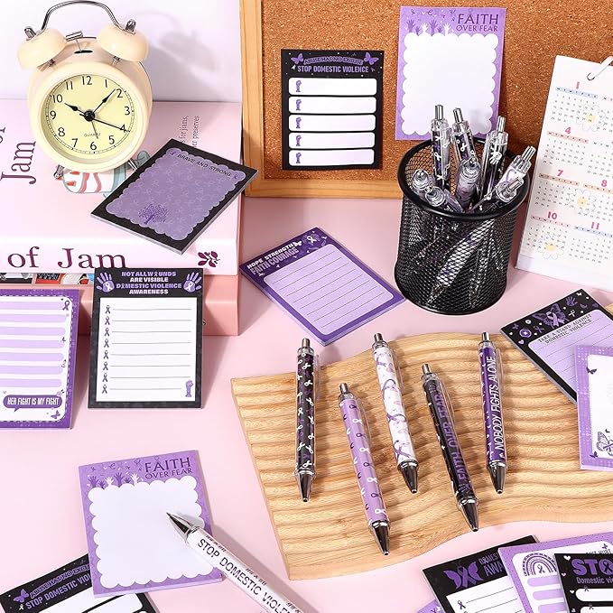 48 Domestic Violence Awareness Month Supplies Stop Domestic Violence Sticky Notes and Ballpoint Pens with Purple Ribbon Against Violence DV Survivor Support Gifts October Awareness Month Gift