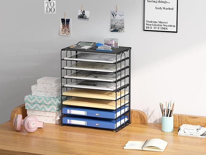 EasyPAG Mesh Desk Tray Organizer 8 Slot Classroom Office Desktop File Paper Sorter, Black