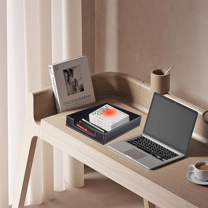 Leather Letter Tray, Office Supplies Desk Organizer for Mail Paper Files Magazines Jewelry Cosmetics,Luxury Letter Holder&Multipurpos Stackable Office Desktop Storage Box,Black