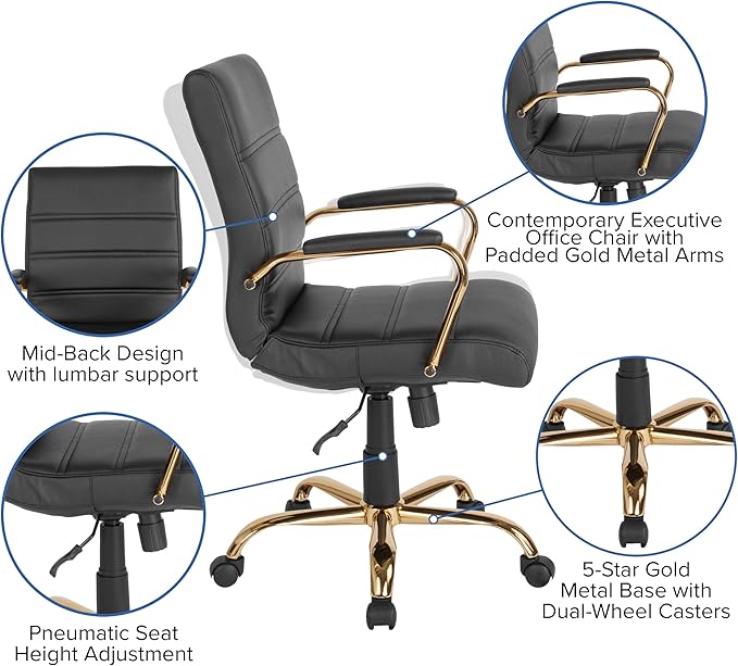 Flash Furniture Whitney Mid-Back Swivel LeatherSoft Desk Chair with Wheels, Padded Seat and Armrests, Adjustable Height Padded Office Chair, Black