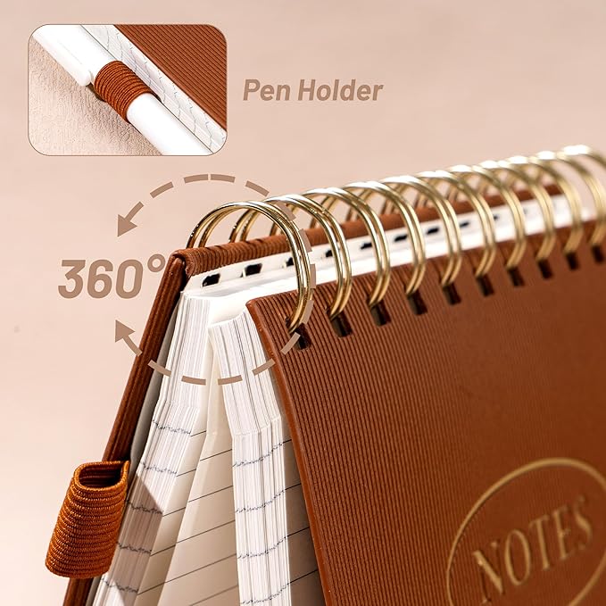 Yoment Top Spiral Notebook 240 Pages Leather Steno Pads 6x9 Top Bound Spiral Notepad 100 GSM College Ruled Notebook Left Handed Notebooks for Work School Office, Brown